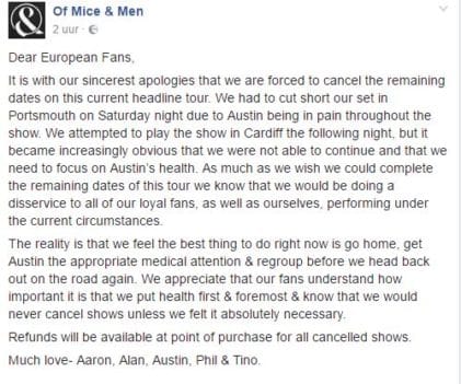 Of Mice And Men Facebook Statement