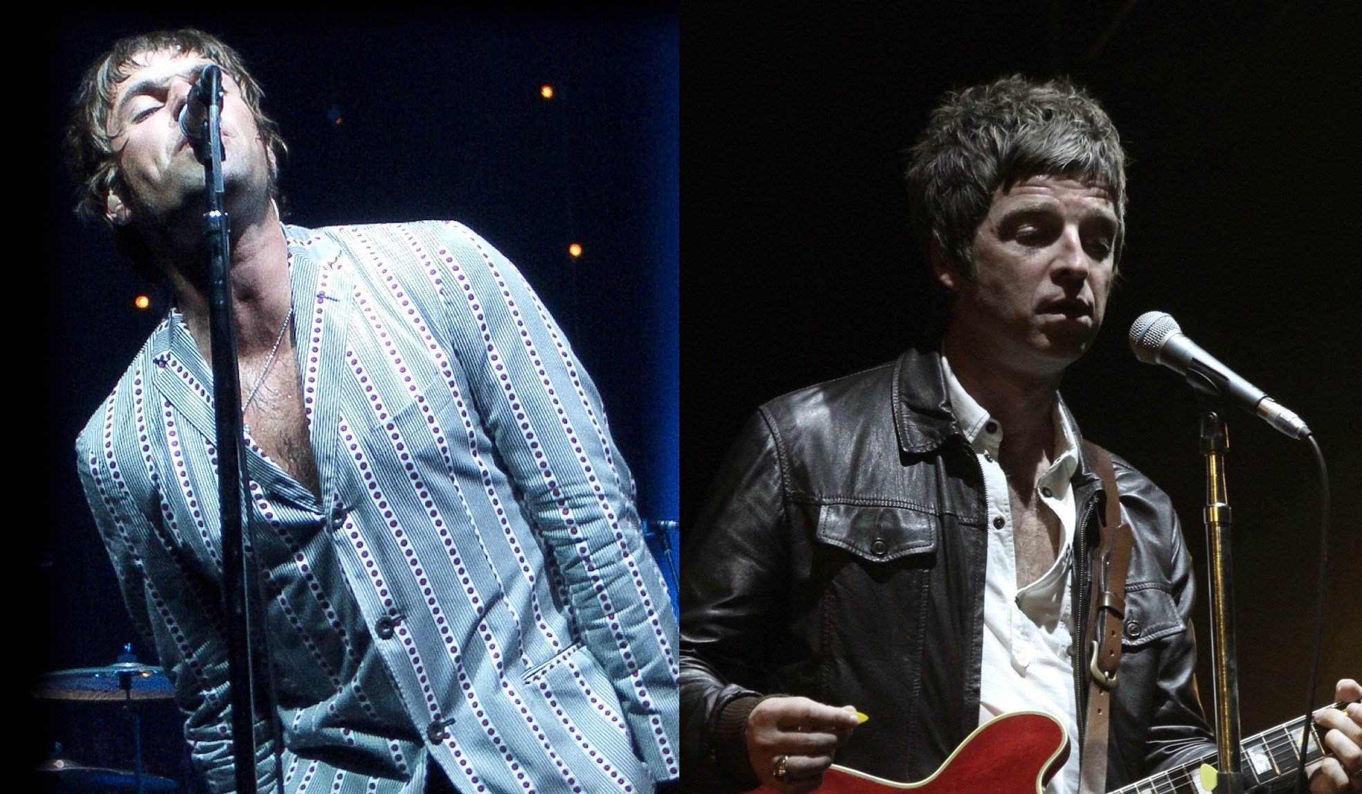 Liam Gallagher en Noel Gallagher (eigen creatie) - Originele foto's: Alexander Frick (Wikimedia, CC BY 2.0) en Christopher Johnson (Wikimedia, CC BY-SA 2.0)