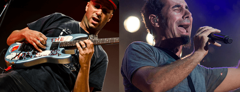 Tom Morello (Prophets of Rage) en Serj Tankian (System of a Down) - Foto's Marnie Joyce en Vladimir Petkov - Wikimedia Commons