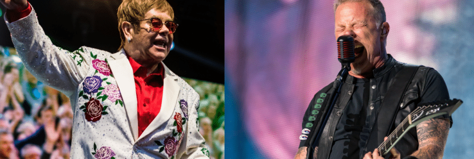 Elton John en James Hetfield (Metallica) - Foto's: Raph_PH en Ralph Arvesen (via Wikimedia Commons, CC BY 2.0)